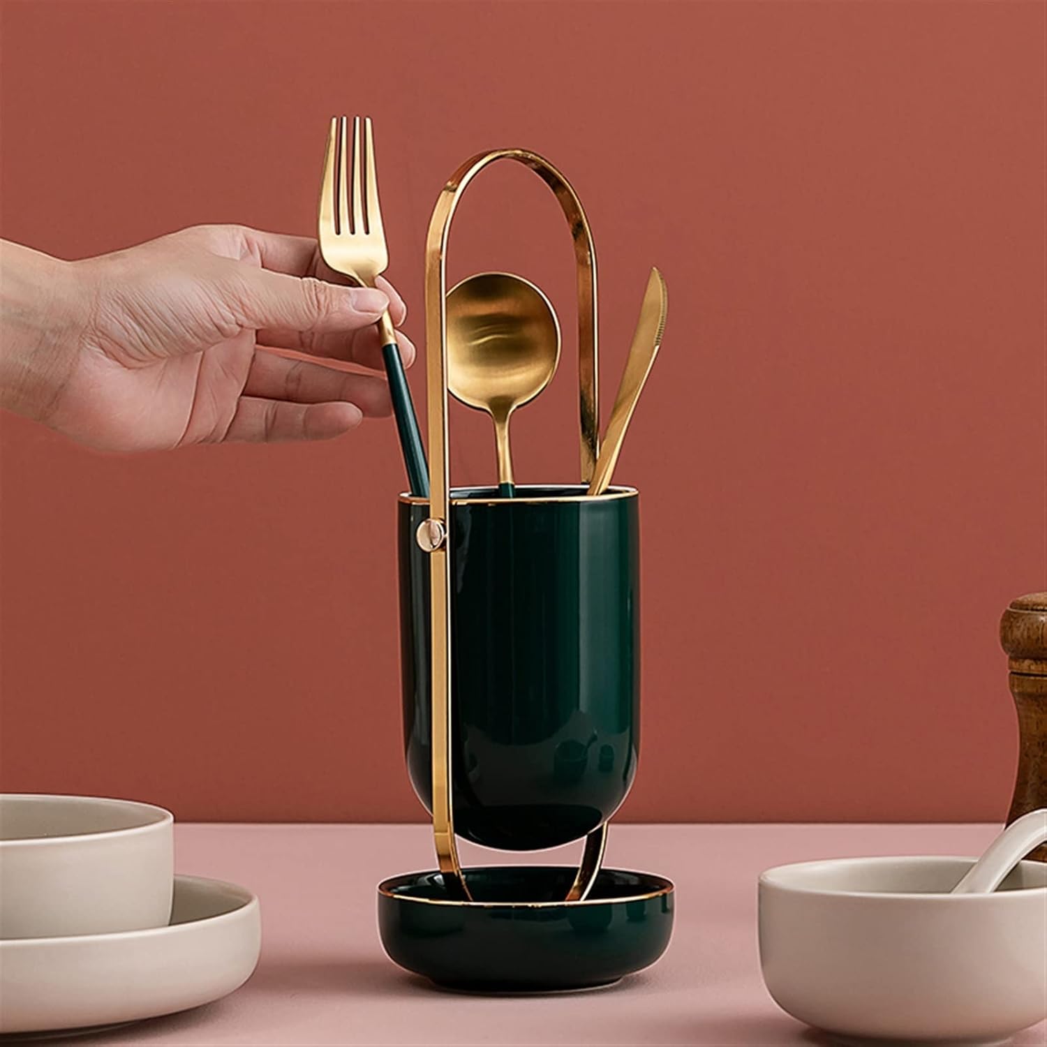 Lightweight Deluxe Ceramic Portable Utensil Holder Ceramic Fork & Key Holder - Kitchen Cabinet Pantry (Color : Brass) (Brass )