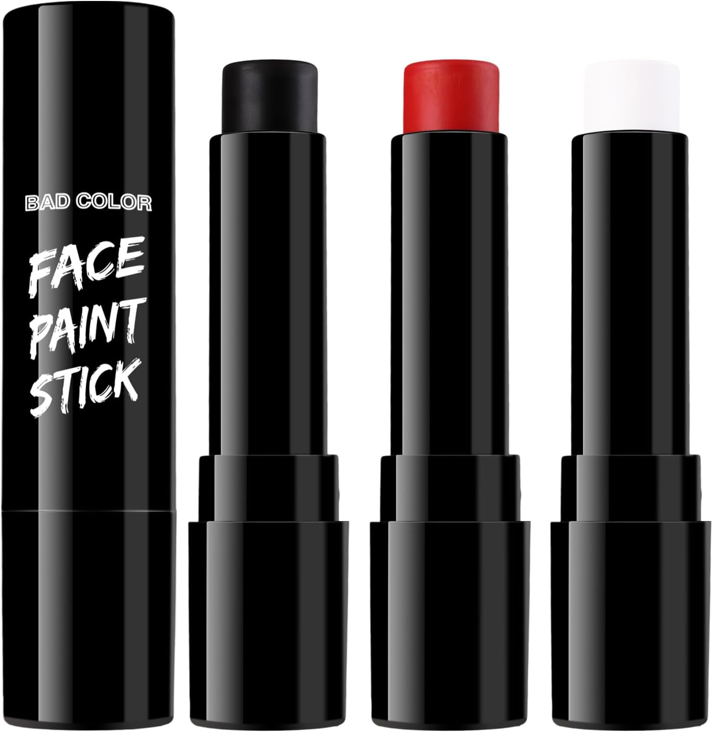 BADCOLOR 3PCS Face Paint Kit Sticks, Black White Red Eye Black Sticks Face Body Paint Makeup for Clown Sports Professional Halloween SFX Makeup Cosplay Joker Zombie Vampire Costume Parties