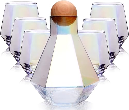 Miniatura 1 de Juego de decantadores de vino con vasos decantador de vino de diamante iridiscente con 6 copas de vino sin tallo decantador geométrico de jarra con