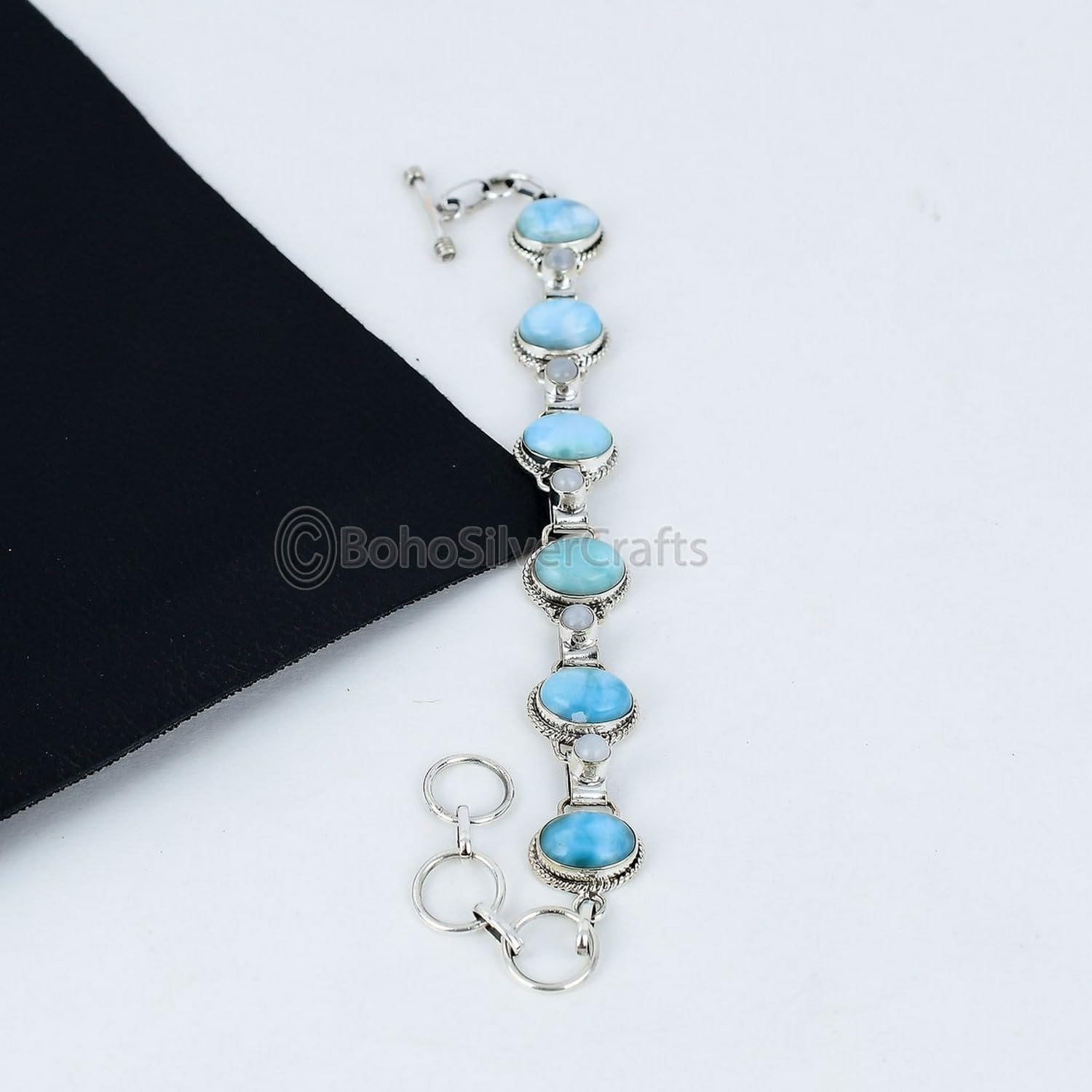 Blue Larimar Bracelet, Oval Larimar Gemstone Jewelry, 925 Sterling Silver Handmade Toggle Bracelet, Moonstone Boho Silver, June Birthstone Gift,