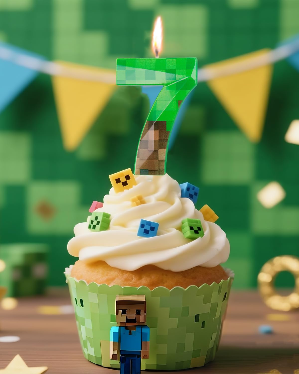 Bougie d'anniversaire en forme de pixel vert en forme de chiffre 7 - 6,8 cm - Bougie sur le thème du jeu - Décoration d'anniversaire sur le thème des pixels, fête de jeu vidéo dynamite