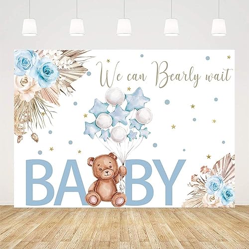 Miniatura 2 de Telón de fondo para baby shower de oso de 7 x 5 pies para niño, We Can Bearly Wait to Meet You, azul, bohemio, floral, globo de pampas, confeti,