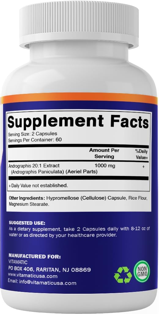 Vitamatic Andrographis Extract 1000 mg Per Serving - 120 Veg Capsules - 20X Extract, 100% Vegetarian, All-Natural, Gluten Free, Non-GMO - Image 8