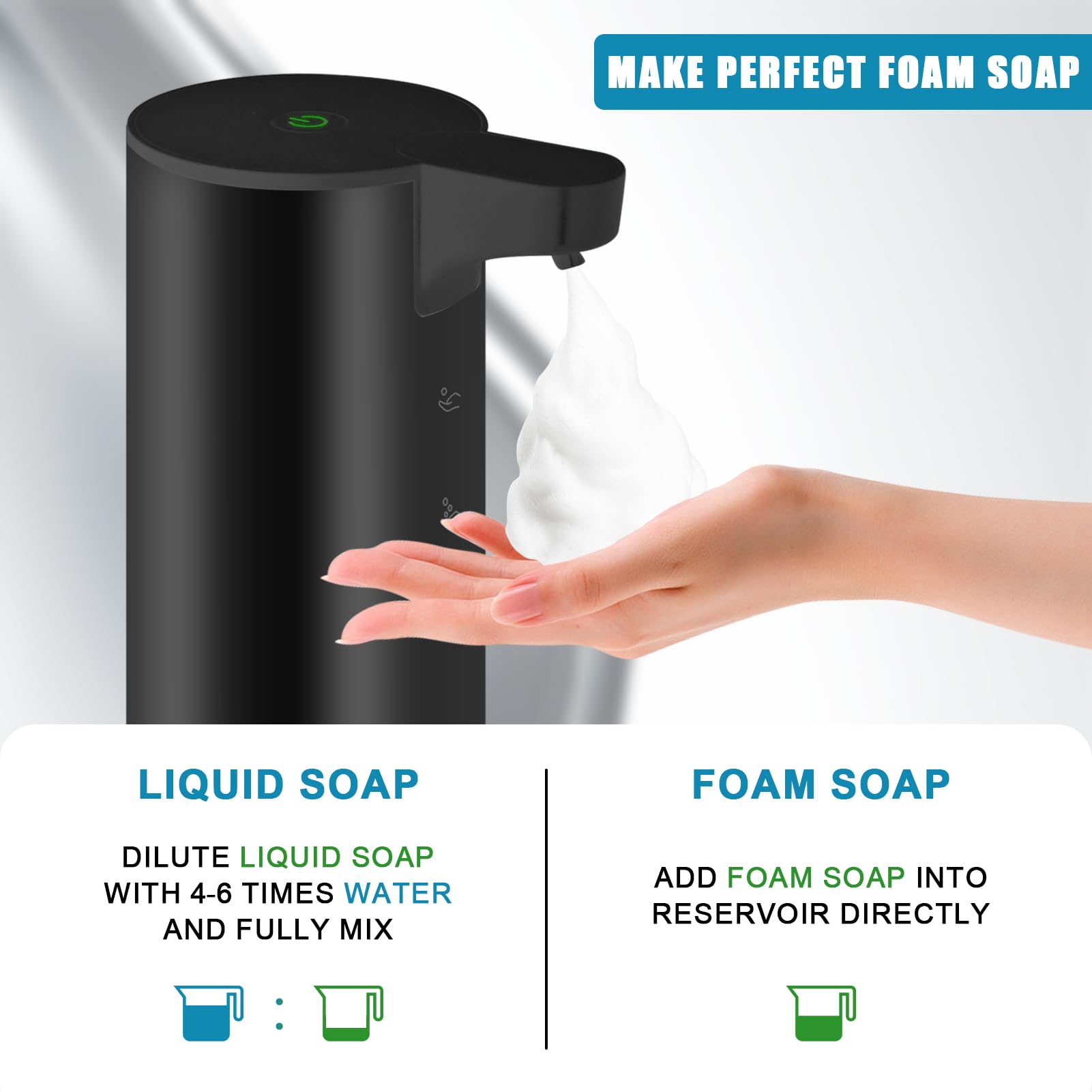 Dispensador Jabon Baño Automático de Acero Inoxidable con Sensor Dispensador de Jabón Infrarrojo Eléctrico IPX5 Resistente al Agua USB-C Carga (Negro - Espuma)