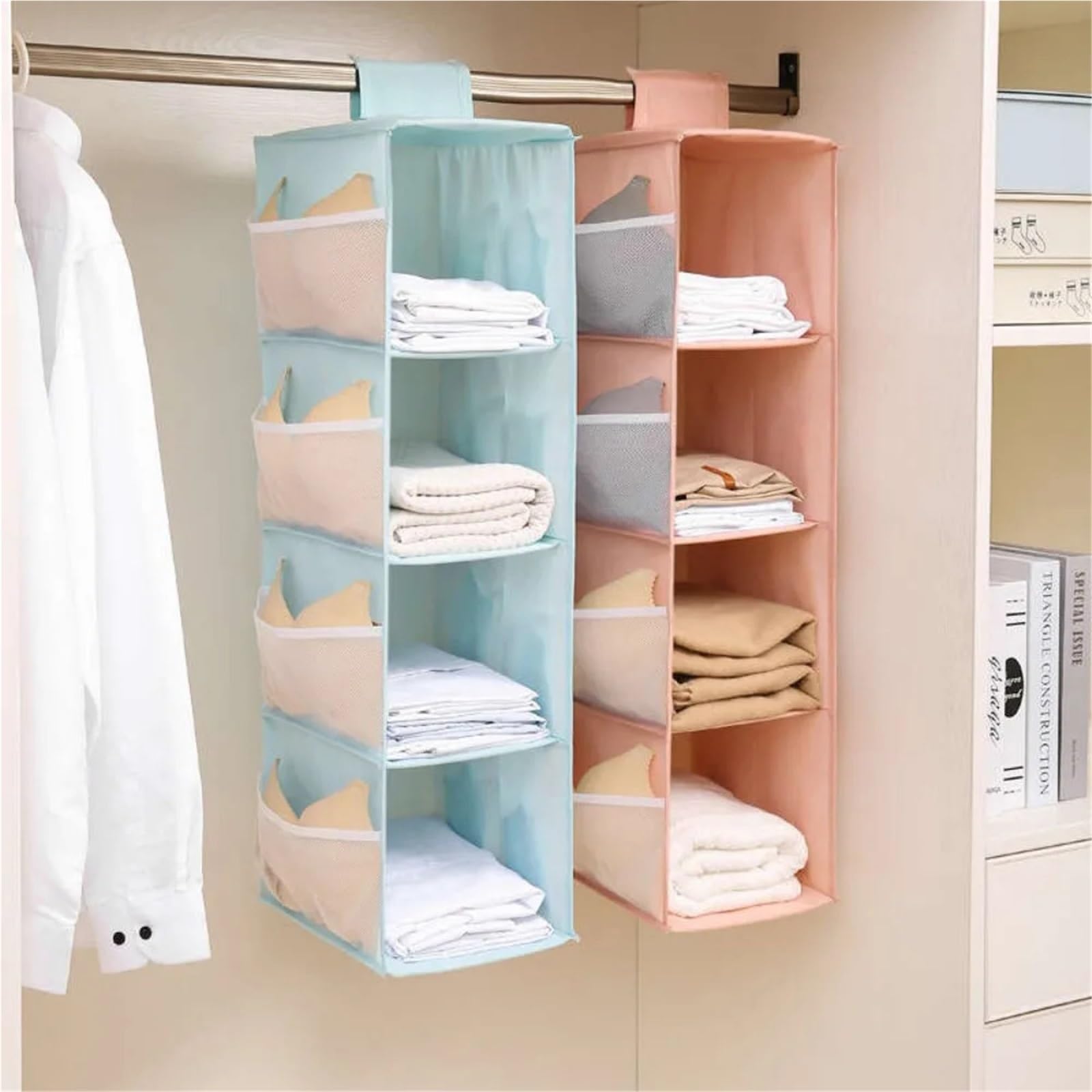 Hängeregal Non-Woven Washable Wardrobe Multi-Layer Folding Hanging Bra Storage Bag Underwear Socks Clothes Storage Organizer Hanging Bag Für Schlafzimmer(Green,Large)