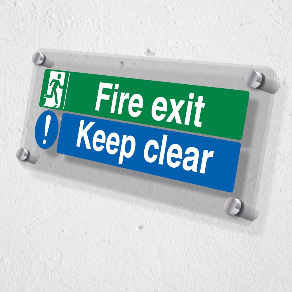 V Safety Fire Exit/Keep Clear - 300 x 100 mm - Acrylic Perspex Cast Clear Safety Sign, Green - Image 2