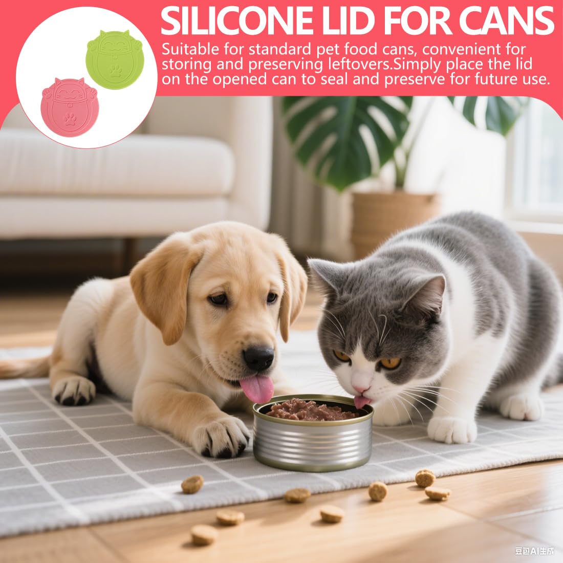 Coperchi 3-in-1 in silicone motivo Maneki-Neko – universali per scatolette gatti/cani, set da 2 (rosso, verde)