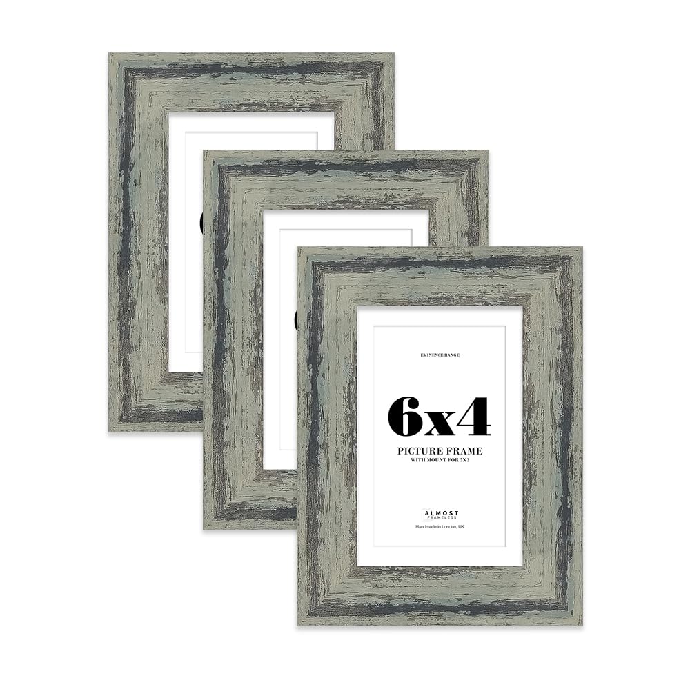 6x4" Distressed Green Picture Frame with 5x3" Mount - Rustic Photo Frame with Distressed Finish, Wall Hooks and Kickstand, 32mm Edge - 3 Pack