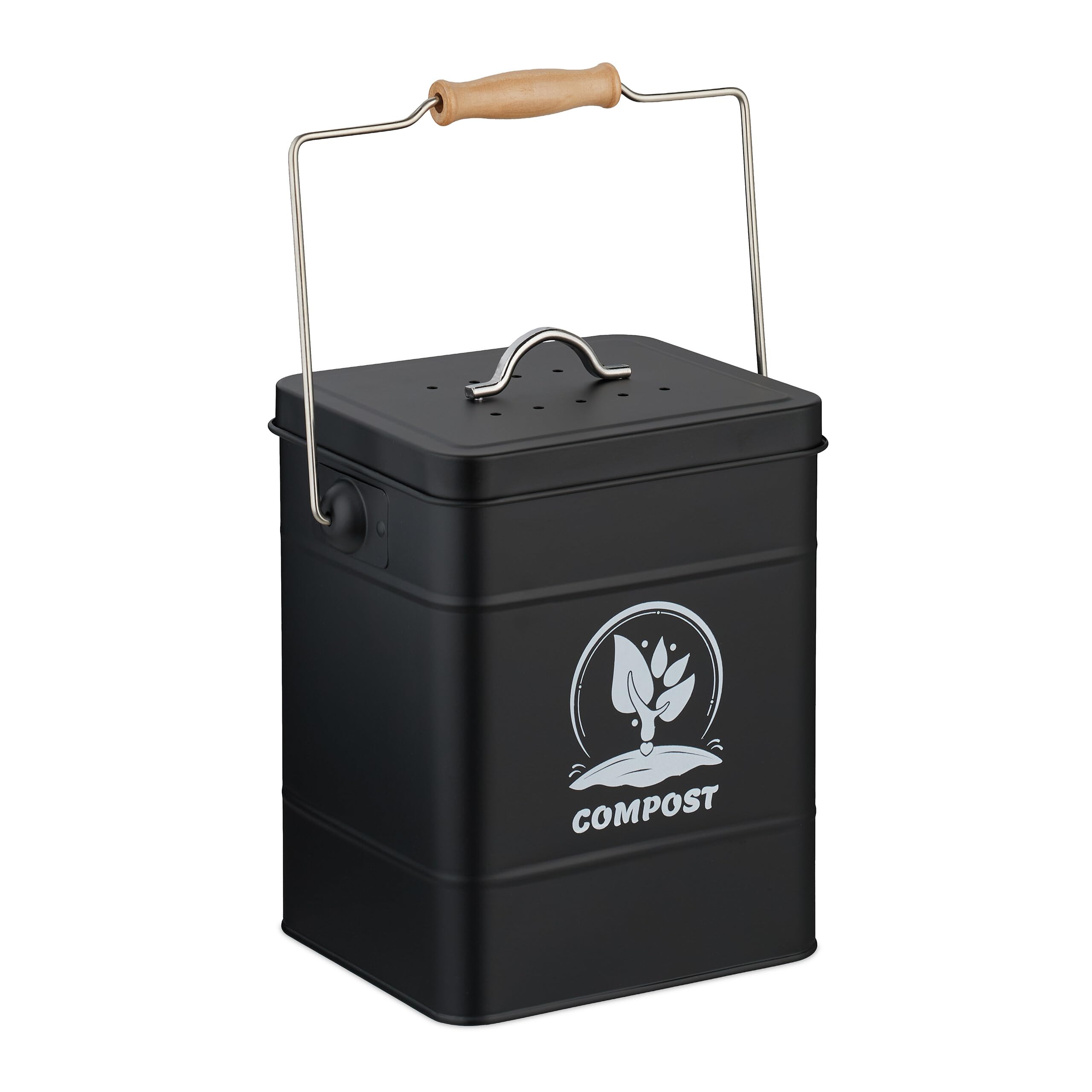 Relaxdays Compostera Cocina 6 L con Tapa y Filtro Olores, Cubo Compostaje Basura Orgánica, Acero Inoxidable, Negro