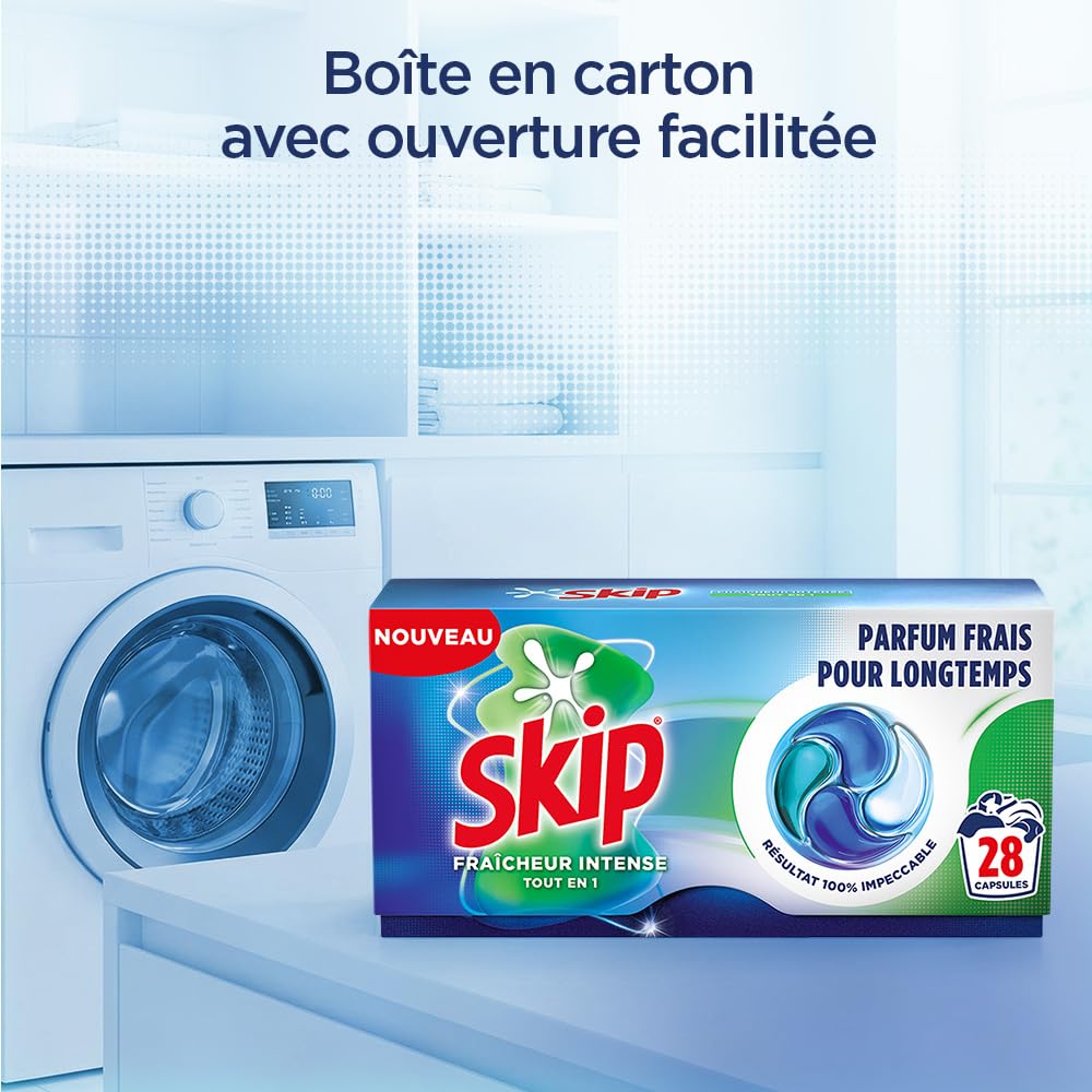 Skip - Capsules Lessive, Tout en 1, Fraîcheur Intense, 4x28 Lavages | Élimine les taches dès le premier lavage, efficace en cycle court et à froid, parfum longue durée, 112 capsules