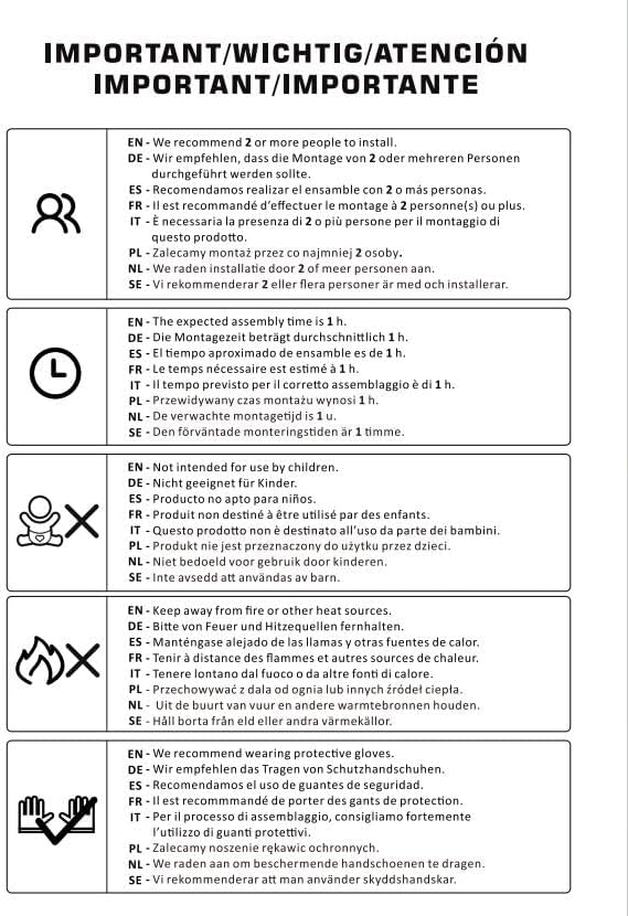 Important safety and assembly instructions diagram showing recommendations for 2+ people for assembly, 1 hour estimated assembly time, not for children, keep away from fire, and wear protective gloves.