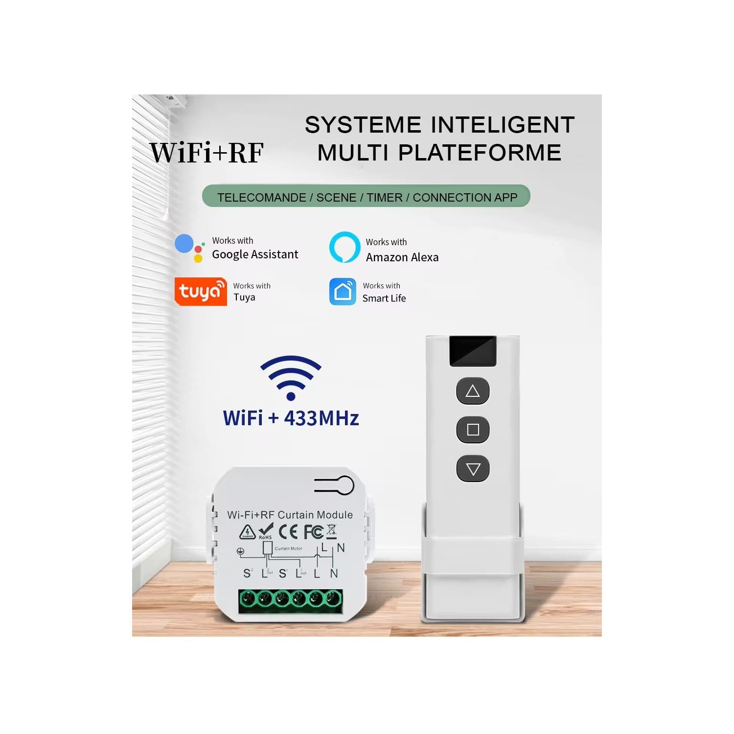 2 Commutateurs SomLife de volet et rideau Wifi Rf Tuya Smart Life Module pour volet roulant 433 mhz et Télécommande