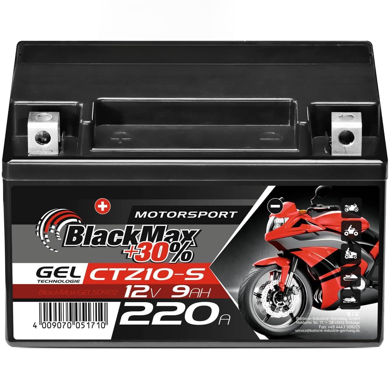 BlackMax Motorradbatterie 12V YTZ10S Gel Batterie 9Ah 220A/EN | Wartungsfreie Starterbatterie für Motorrad, Roller & Quad | 12 Volt Gel Akku Auslaufsicher & Rüttelfest