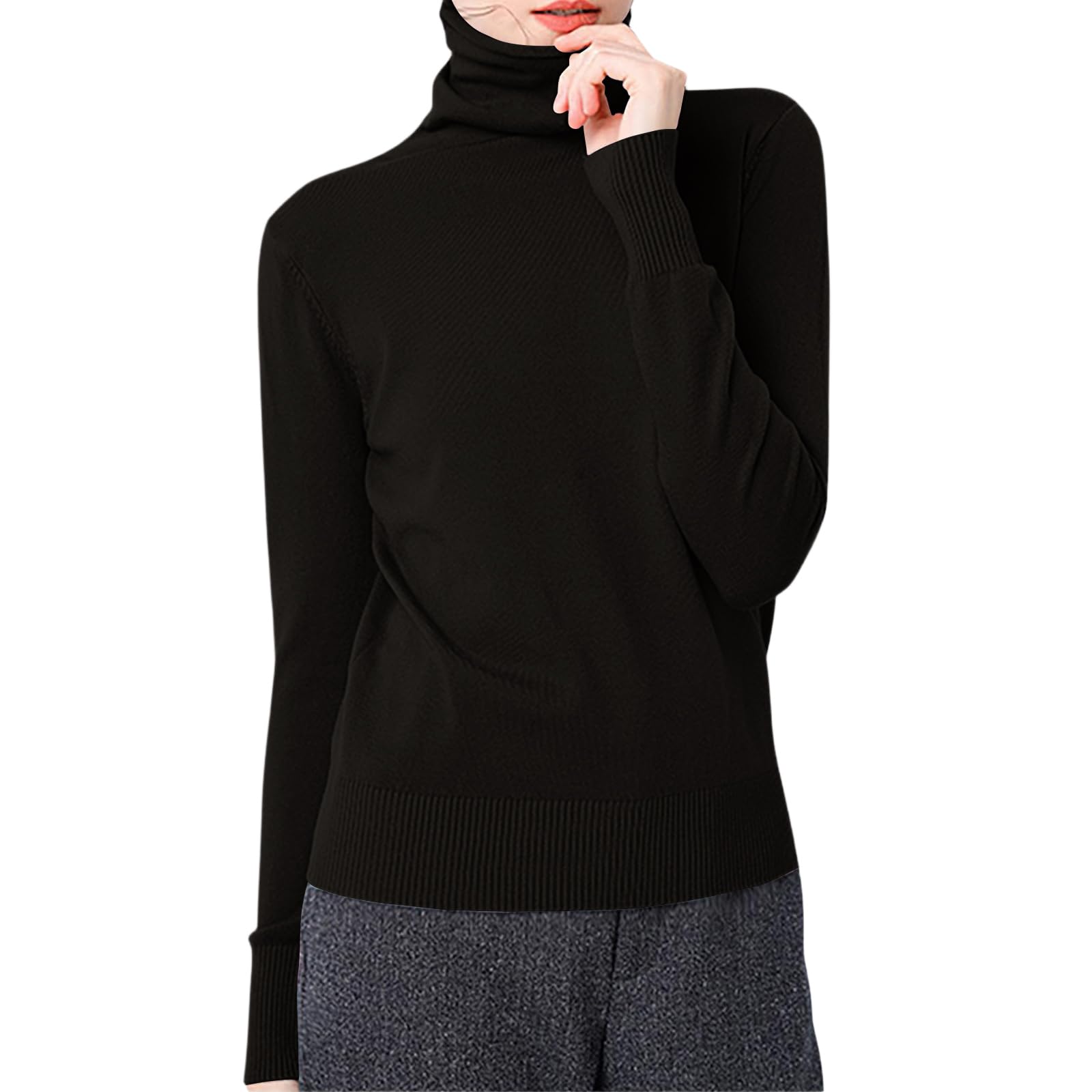 Womens Sweaters Ribbed Turtleneck Lightweight Casual Knit Sweater Stretchy Tunic Comfy Plain Undershirts Base Layer