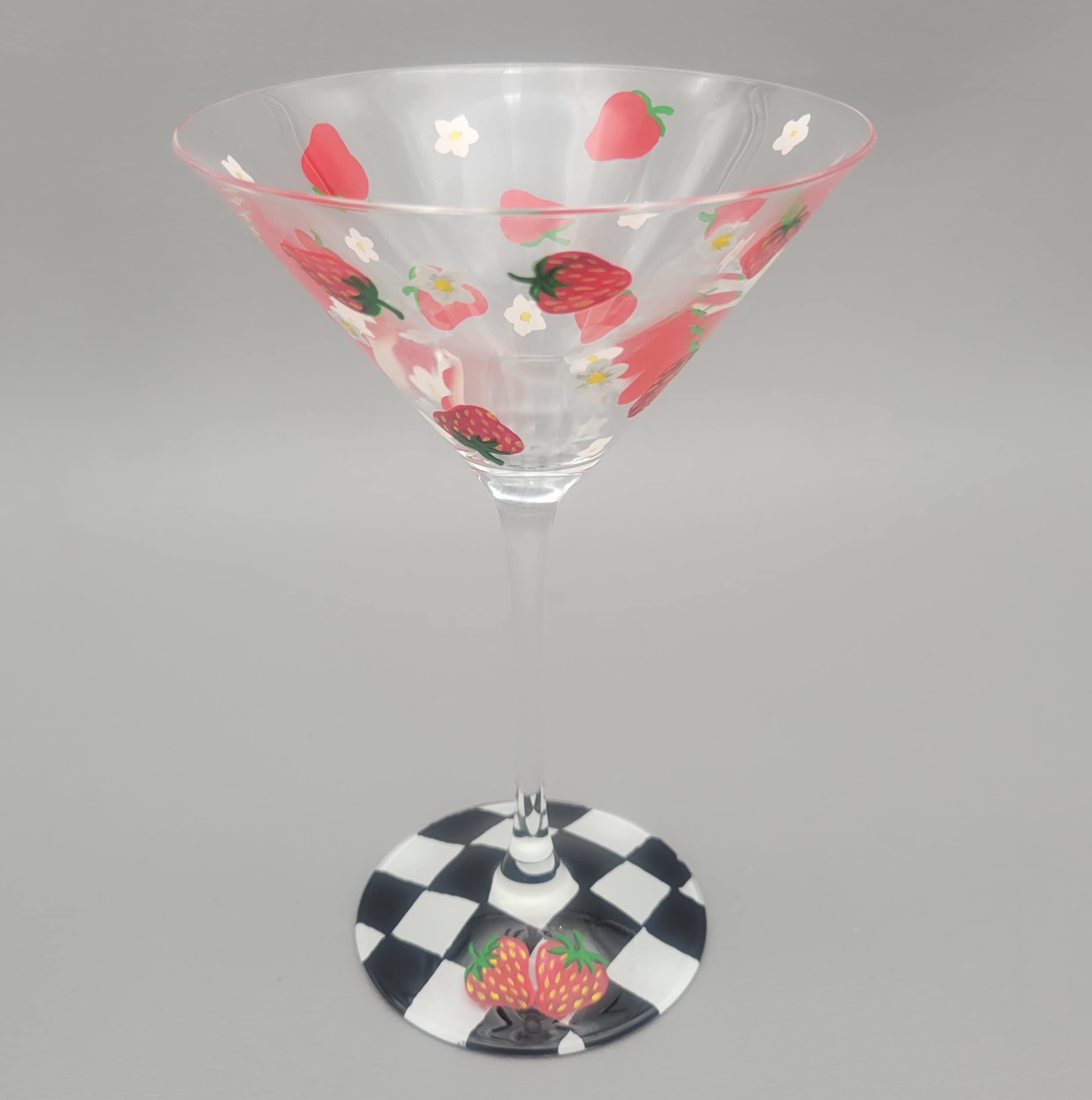 Strawberry Themed Martini Glass - Hand Painted - Summer, Strawberries, Checker, Blossoms - Cocktail Glass