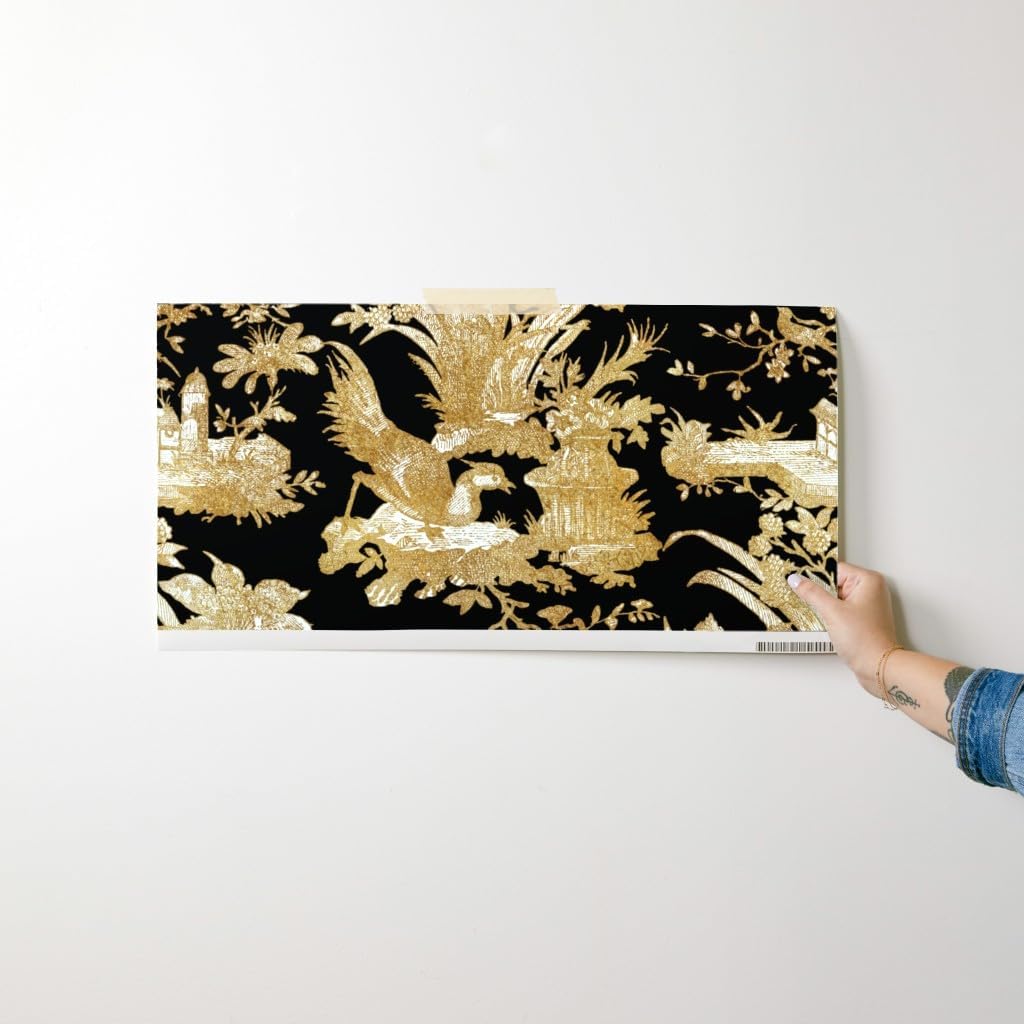 Peel & Stick Wallpaper Swatch - Chinoiserie Toile Black Asian Gold Chinese Custom Removable Wallpaper by Spoonflower