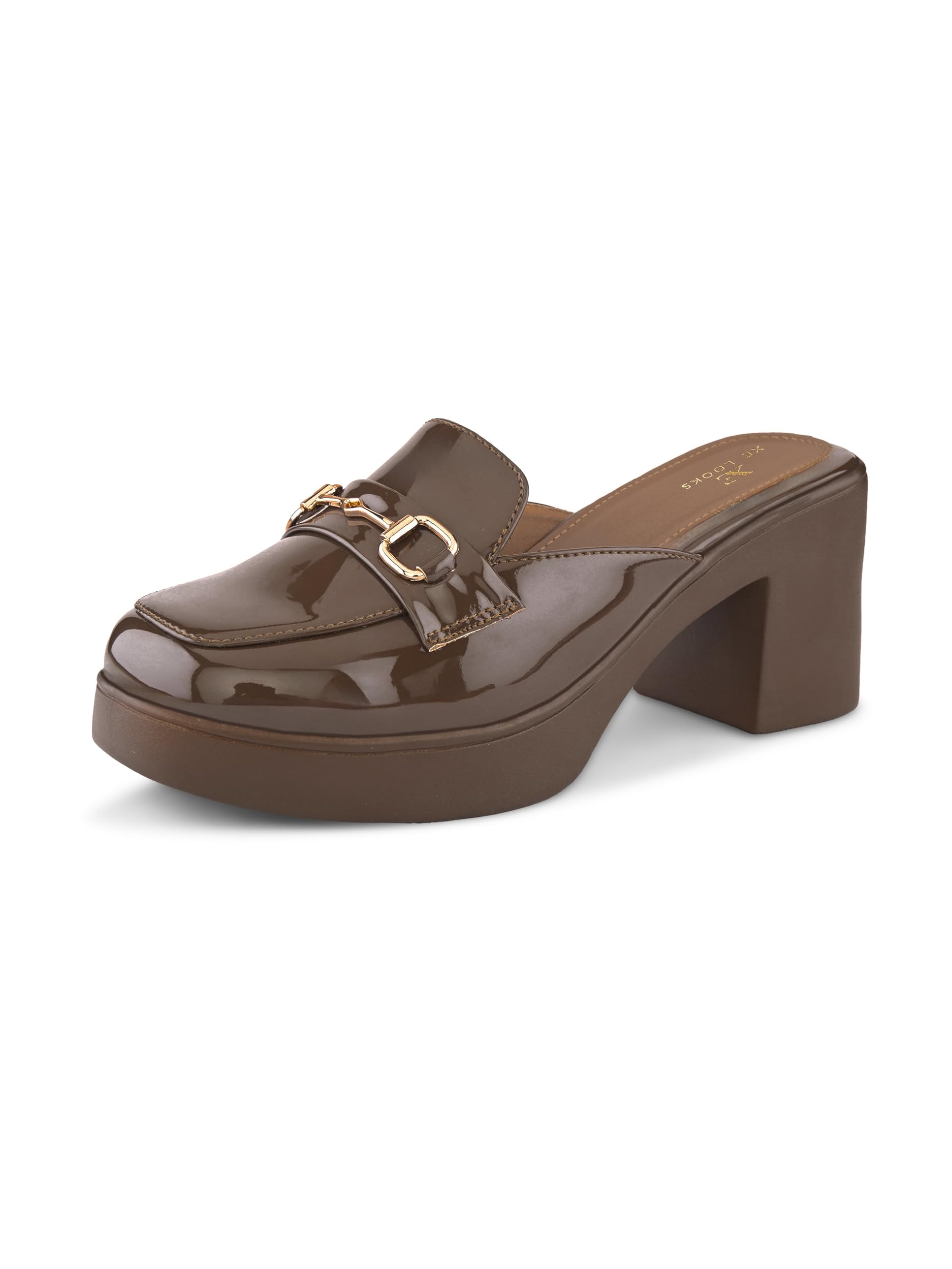 xe looks Women’s Patent Finish Slip-On Mules | Chain Detail Block Heel Sandals for Women-picture-46