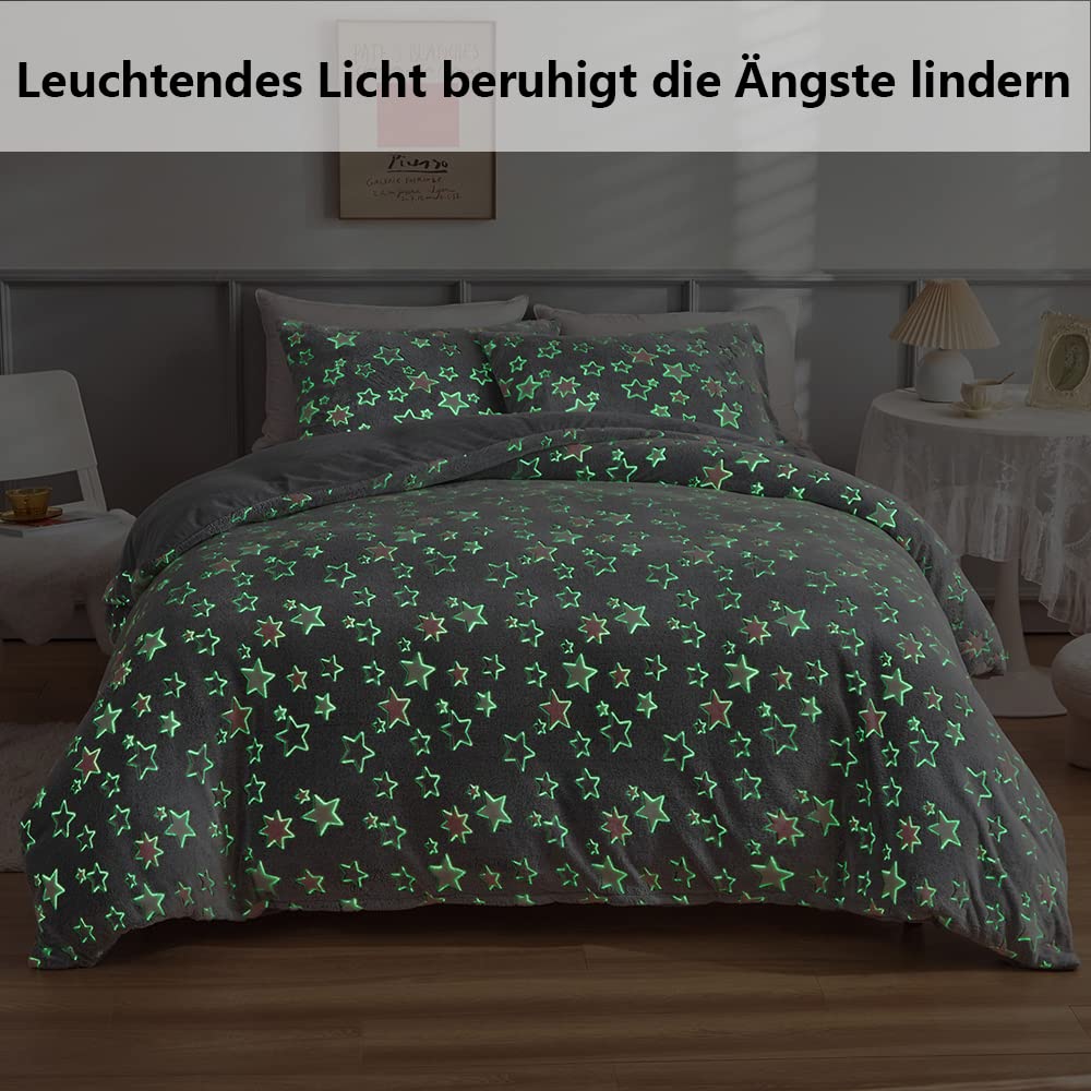 Freyamy Winter Bettwäsche 135x200 Biber Flanell Flauschige Winterbettwäsche | Leuchtend im Dunkeln Kinderbettwäsche Plüsch, 2teilig Warme, ÖKO-TEX Bettbezug mit Reißverschluss und 1 Kissenbezug 80x80cm
