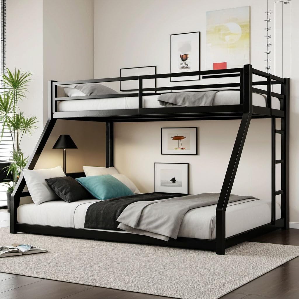 Twin XL Over Queen Bunk Bed for Teens and Adults, Heavy-Duty Metal Bunk Bed Frame with Full Length Guardrail and Ladder, Noise Reduced & No Box Spring Needed, Black