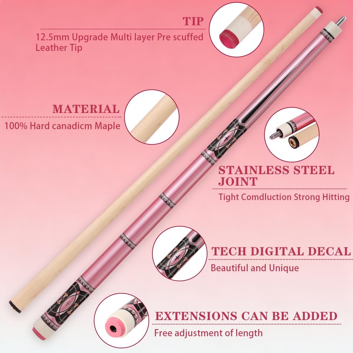 Pink Pool Cue Stick Set(20 oz), 58 inch Canadian Maple Cue Stick with 12mm Pink Leather Tip and Joint Protector, Professional Billiard Cue Stick Gifts for Ladies