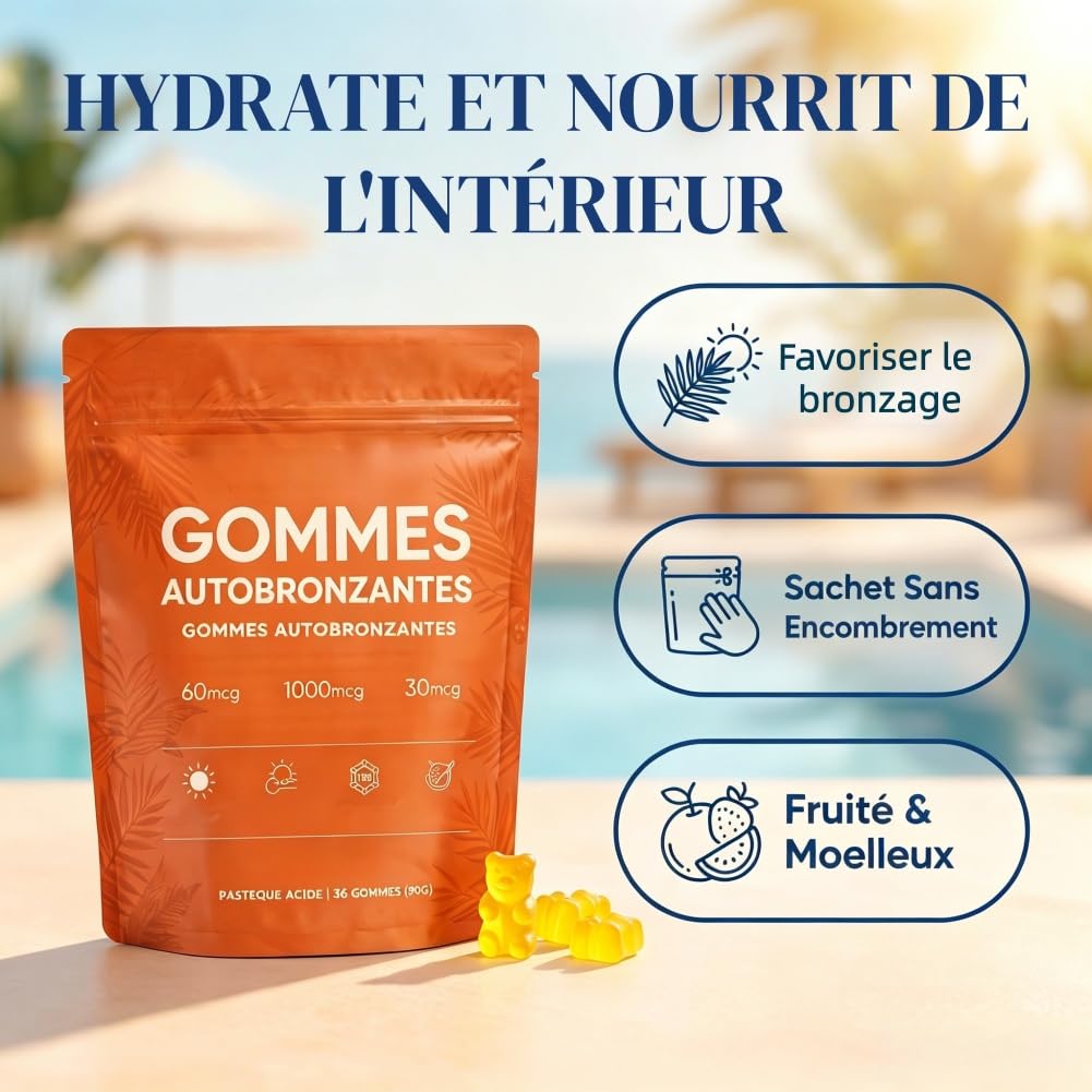 Gummies Autobronzant,90pc Gommes de Bronzage de Peau,Mélange bêta-C-arotène et L-Ycopène, Améliore le Teint Naturel de la Peau