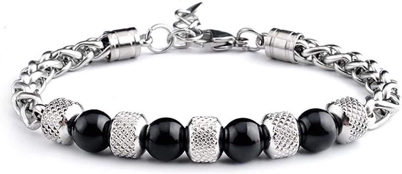 Fashion Women Men Charm 8MM Natural Stone Strand Bracelets Stainless Steel Link Chain Bangles Tiger eye Beaded Yoga Bracelet Male Jewelry