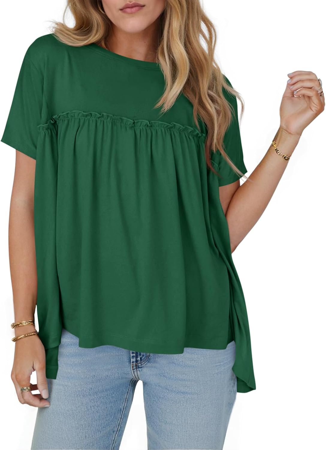 Cicy Bell Women T Shirts Summer Babydoll Tops Pleated Short Sleeve Crew Neck Peplum Blouse Casual Loose Fit Dark Green