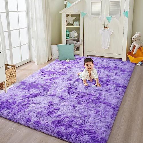 Jocovieh Large Soft Shag Area Rugs Fluffy Carpets For Living Room Bedroom, 6X9 Feet Indoor Modern Plush Rug For Boys Girls Kids Room, Durable Non-Skid Shag Rug For Nursery Home Decor, Tie-Dyed Purple #TOP4
