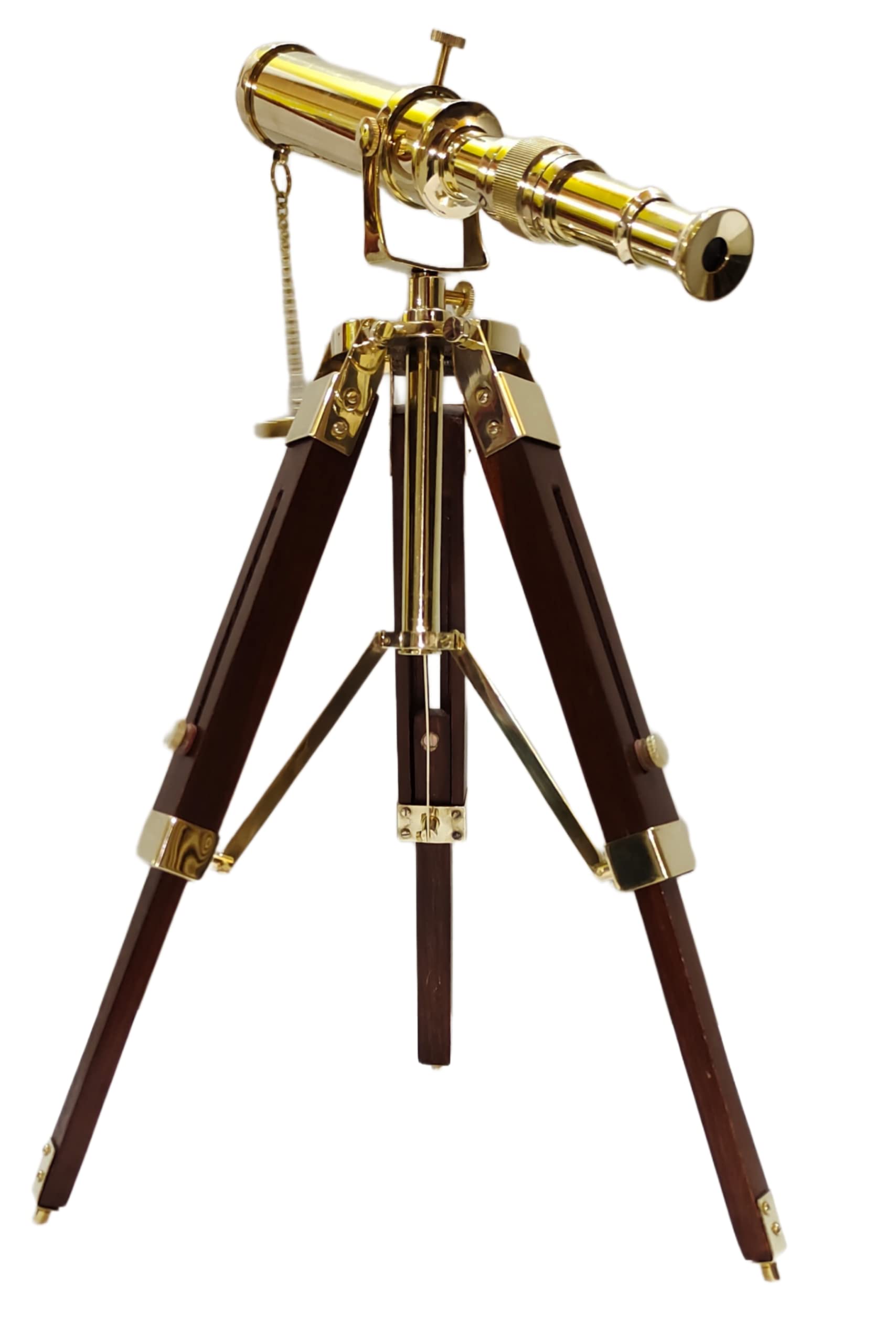 Nautical Handmade Tripod Telescope Decorative Desktop Shiny Brass Brown Wooden Tripod Stand