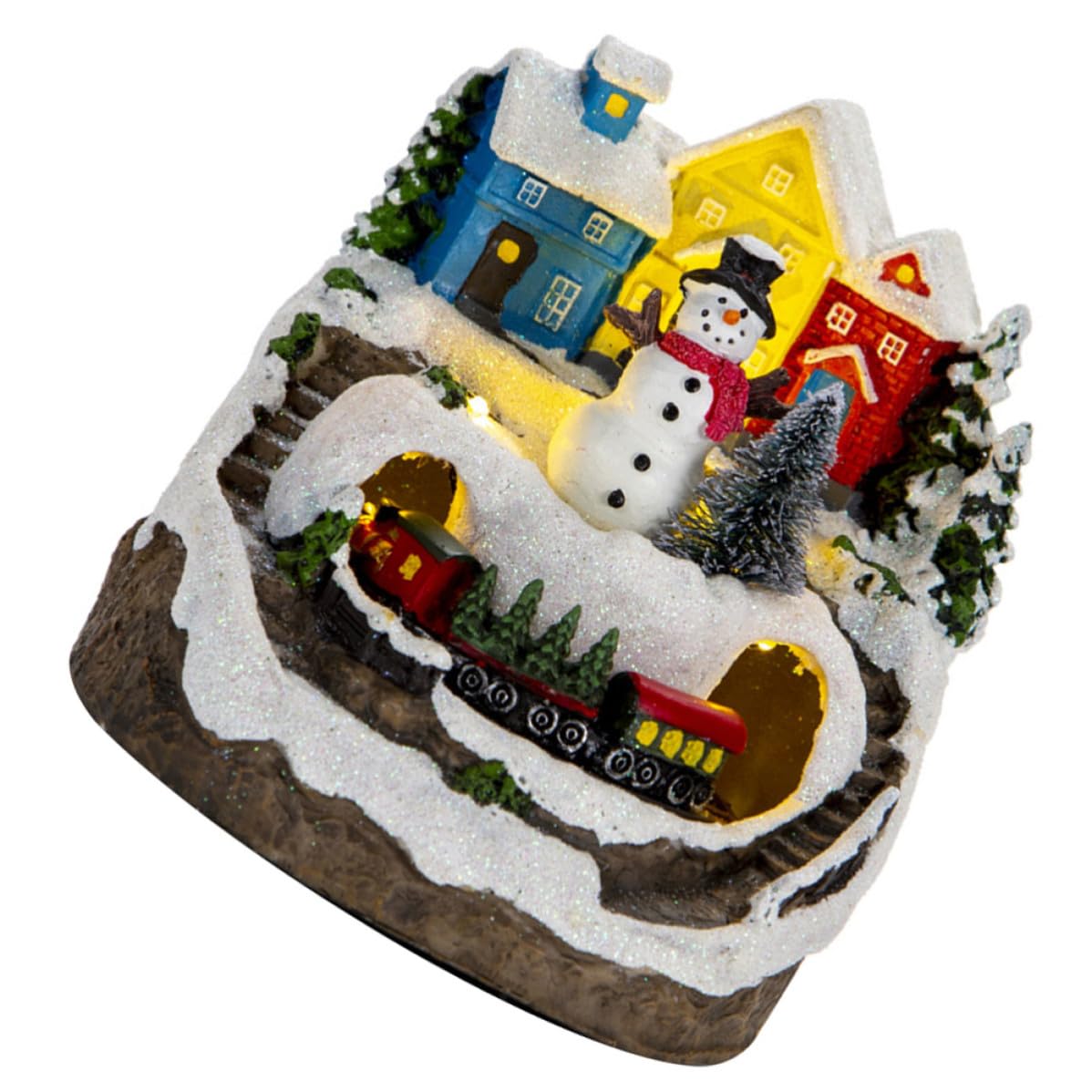 Casa de Navidad con Luz y Música en Resina, Decoración Navideña Tradicional con Tren para Mantel o Cocina, Adorno Iluminado Festivo