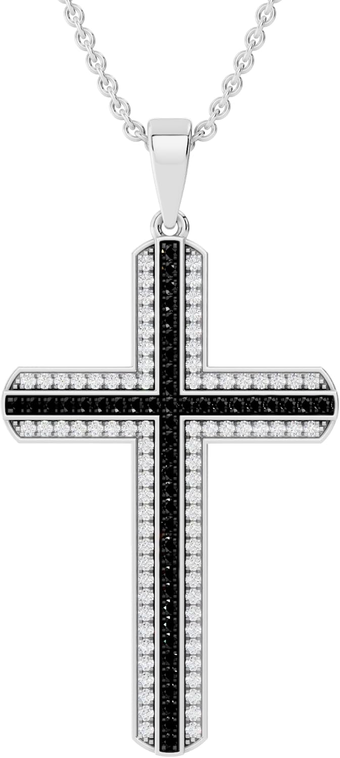 Dazzlingrock Collection Women's Round Black & White Natural Diamond Cross Pendant Necklace | 0.50 Carats | Real Solid Gold & 925 Sterling Silver | 18 inch Chain