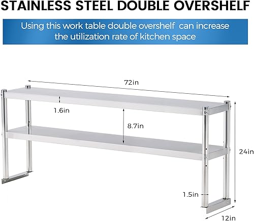 Vista 10 de Estante de acero inoxidable de 2 niveles para mesa de trabajo de preparación de cocina, 12 x 48 pulgadas, estante ajustable de acero comercial