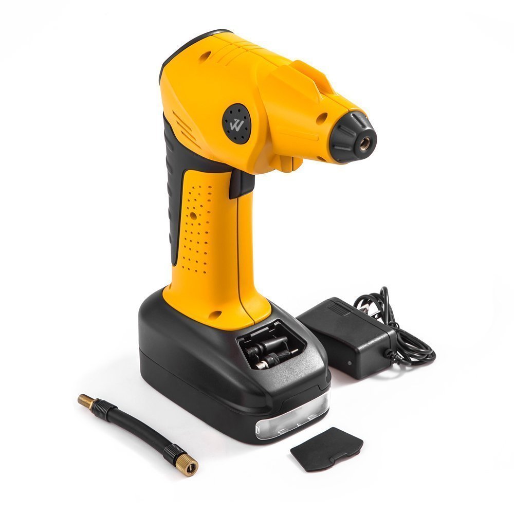 Hands-Free Rechargeable Cordless Tire Inflator with Tire Pressure Gauge[150PSI], Multifunctional Portable Air Compressor with Nozzle Adapters and Built-in Power Bank & Led Light