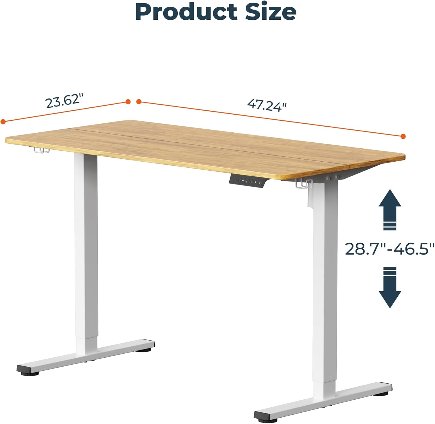 Diagram showing the dimensions of the FitStand desk: 23.62 inches deep, 47.24 inches wide, and adjustable height from 28.7 to 46.5 inches.