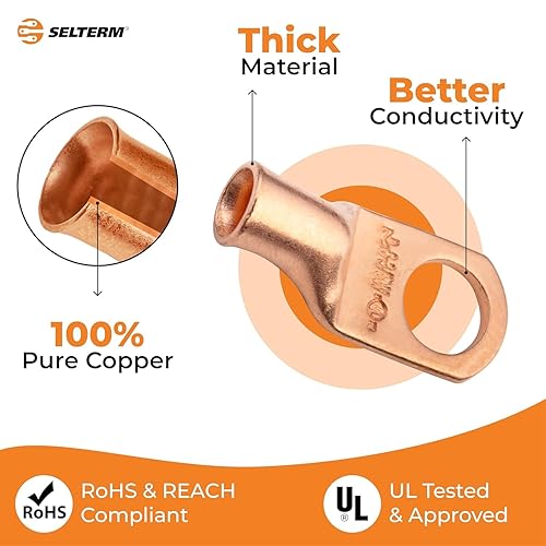 Miniatura 393 de SELTERM - 2 terminales de anillo resistentes para cable de batería, calibre 4 AWG, pernos de 3/8 pulgadas, terminales de calibre 4, ojales de cobre