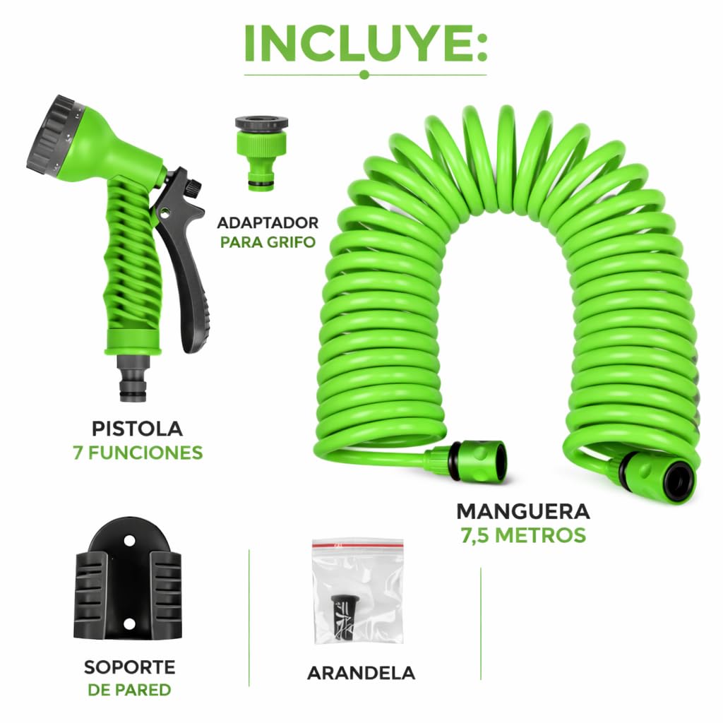 Manguera jardín espiral extensible hasta 7.5M con Pistola Rociadora 7 modalidades de riego. ideal balcones, terrazas y jardines. Manguera de agua.