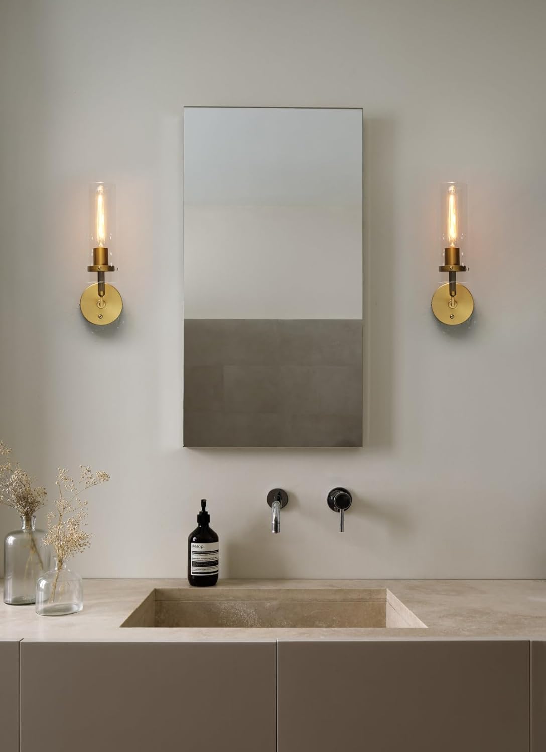 Phansthy Hardwired Wall Sconces with Switch Set of 2, Modern Bathroom Wall Lighting Vanity Light with Clear Glass, Wall Mount Lights for Living Room Corridor Mirror Bedroom Stairs (Antique 2 Pack)