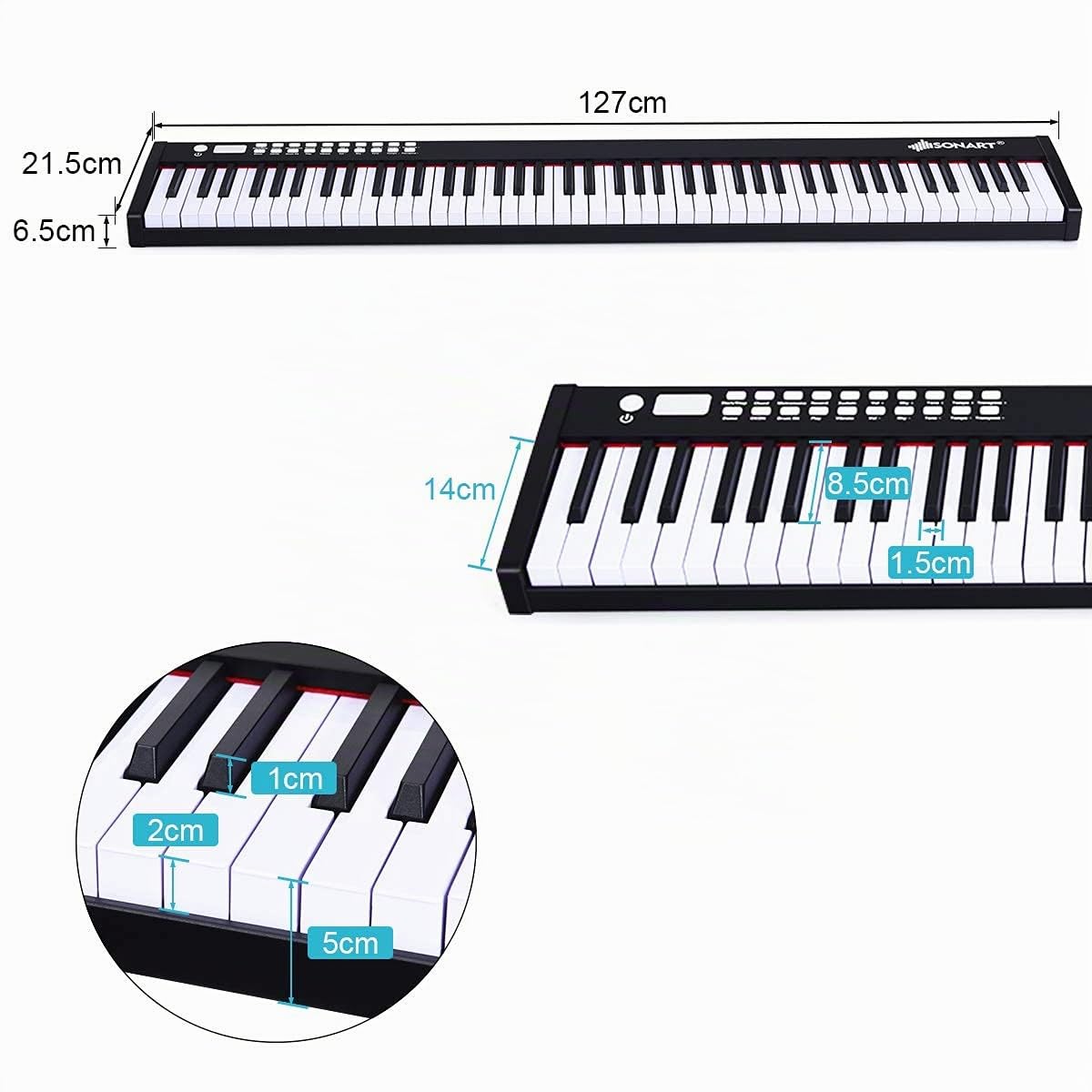 RELAX4LIFE Pianoforte Digitale Portatile con 88/61 Tasti Illuminati, Custodia, Leggio, Modalità di Insegnamento,MP3/USB/MIDI/Bluetooth (88 TASTI, MODELLO 5-NERO)