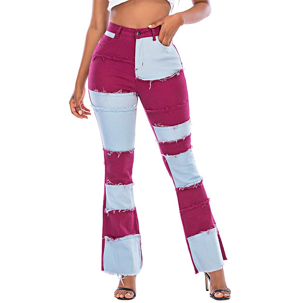 THUNDER STAR Women Patchwork Flare Jeans Stretch High Waisted Bell Bottom Raw Hem Denim Pants