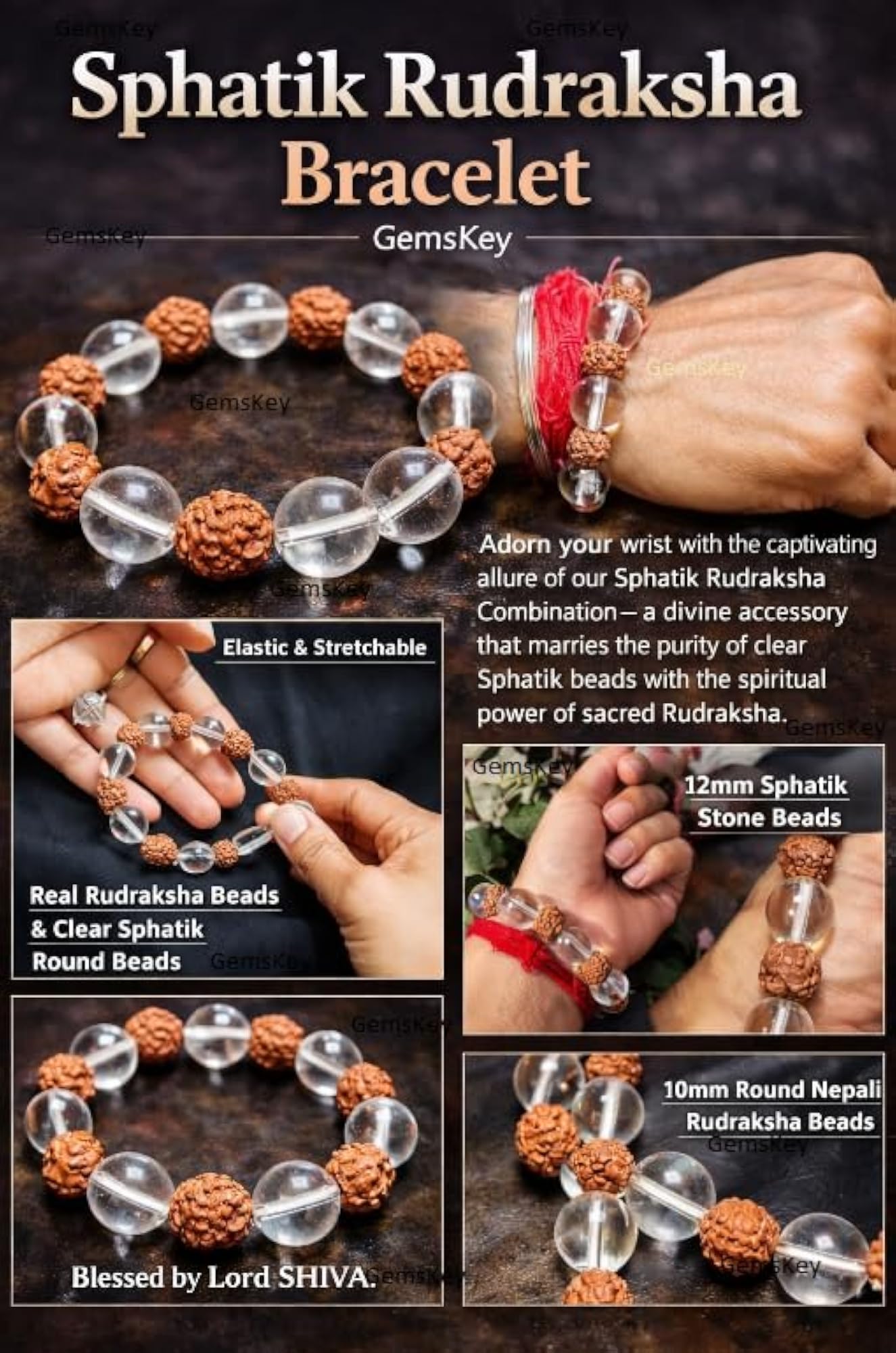 Sphatik and Rudraksha Stretchable Bracelet, Unisex Blessed by Lord Shiva