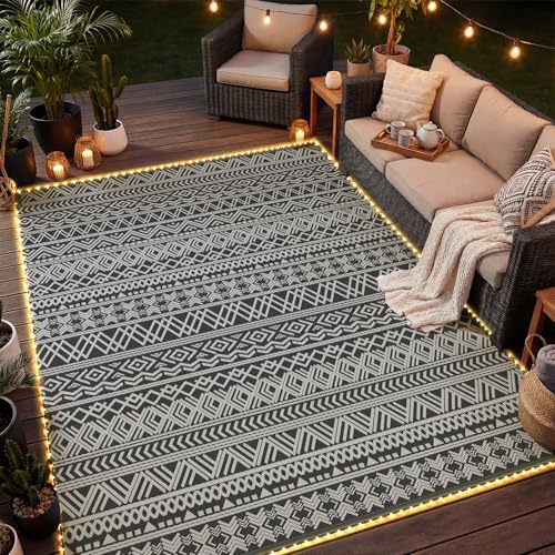 MontVoo-Outdoor Rug Carpet 6x9 ft for Patio RV Camping with Led Strip Lights Waterproof Plastic Straw Rug Reversible Portable Outside Indoor Outdoor Rug Mat for Patio Decor Balcony Picnic-Boho