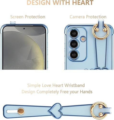 Vista 75 de ZTOFERA Funda para Samsung Galaxy S22 Plus 5G con correa para la muñeca, bonito borde chapado de lujo, patrón de corazones de amor para niñas y Azul