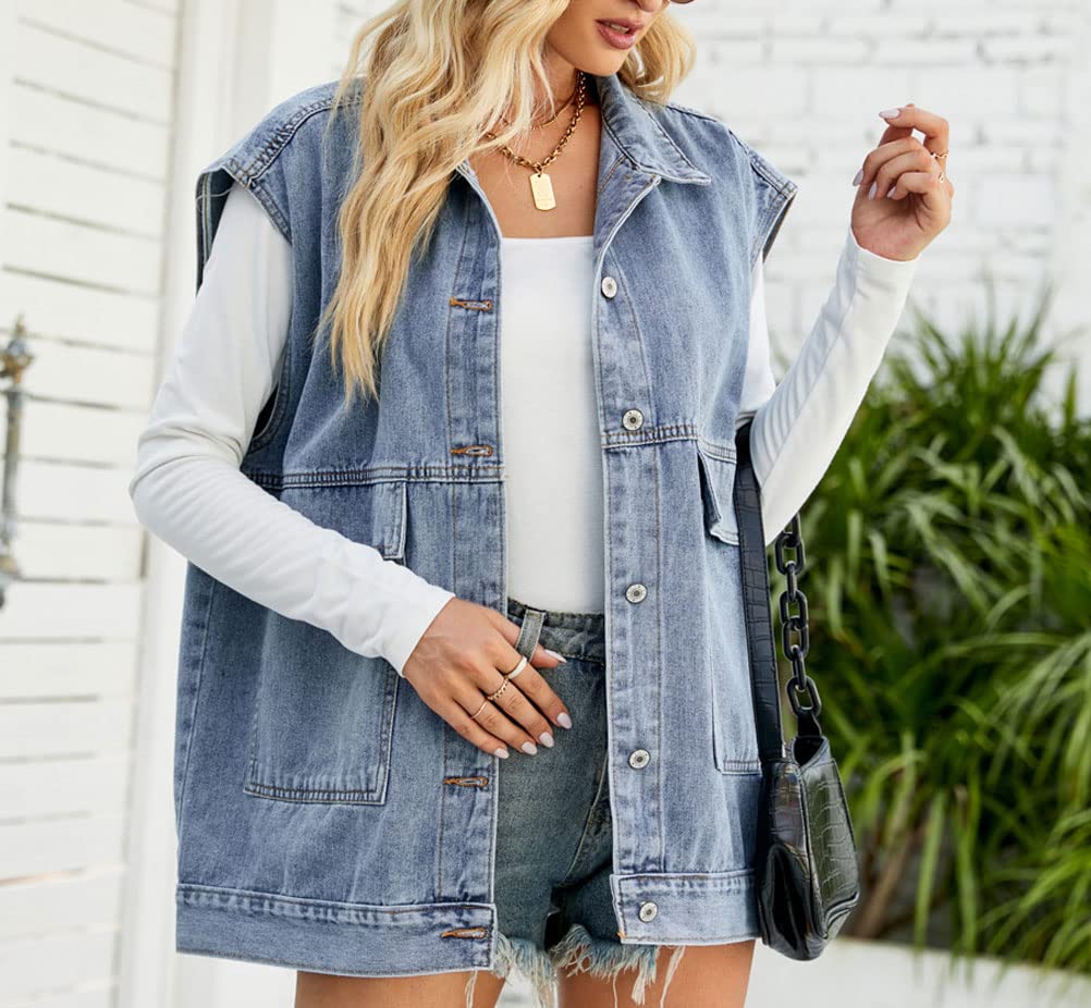 PAODIKUAI Gilet di jeans oversize da donna Mid Long Jean Gilet senza maniche Giacche in cotone invecchiato
