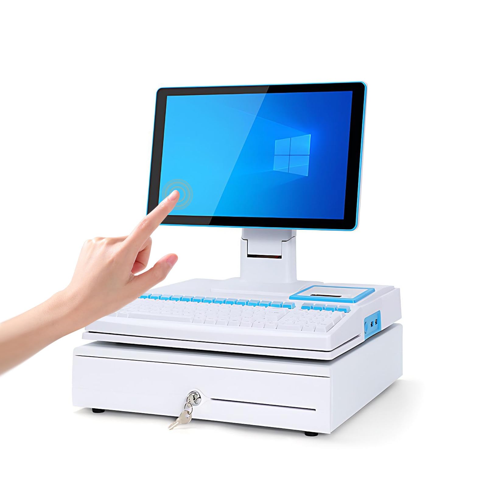 Terminal Caja Registradora con Pantalla Táctil para Comercio Minorista, Terminal TPV con Cajón Portamonedas,Teclado E Impresora para Oficinas y Restaurantes White