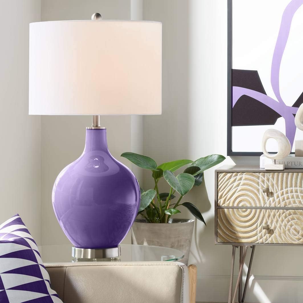 Color + Plus Modern Table Lamp 28.5" Tall Izmir Purple Glass OVO White Linen Drum Shade for Living Room Family Bedroom Bedside Nightstand