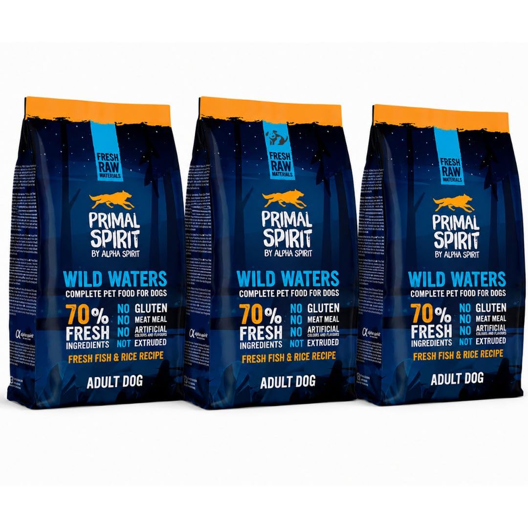 ANIMALUJOS - Primal Wild Waters Pienso Semihúmedo para Perro Adulto con Pescado Fresco Digestión Sensible Alta Palatabilidad Snack Incluido - Alpha Spirit (3 Sacos x 1 Kg, Wild Waters)