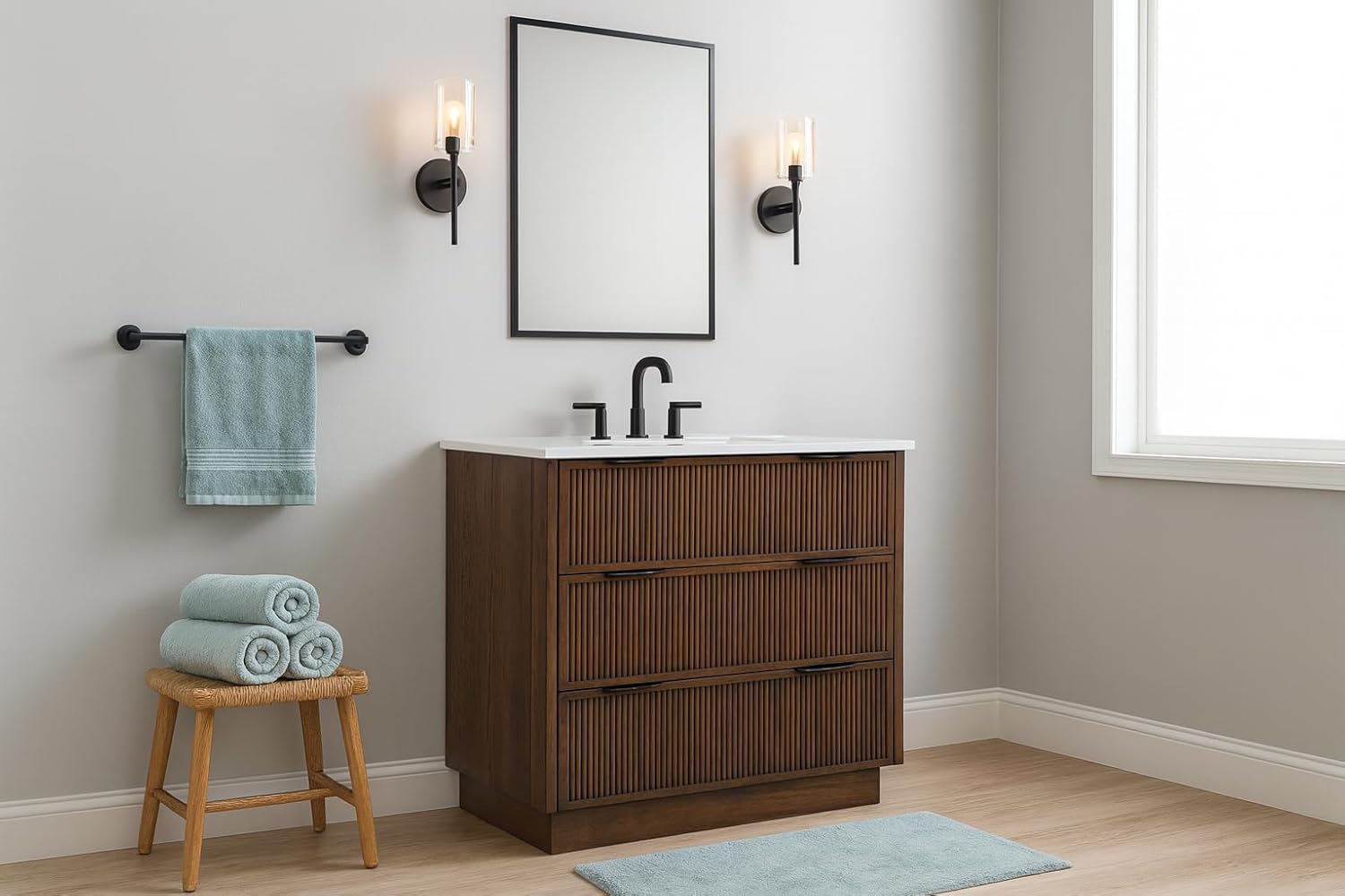 Meridian Furniture 436Brown-36 Willard Collection Modern | Contemporary Bathroom Vanity with Rich Black Finish, Brushed Gold Handles, White Engineered Stone Top, 36" W x 21" D x 35" H, Brown