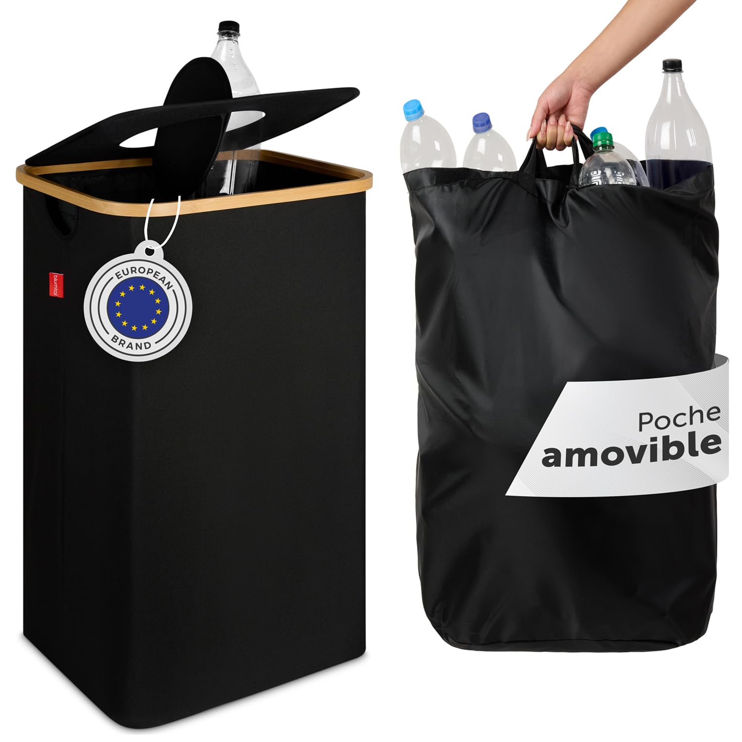 Blumtal Conteneur de consigne pour bouteilles 100L - Organisateur de bouteilles de consigne en bambou avec sac pour bouteilles de consigne - Conteneur de collecte pour bouteilles de consigne noir