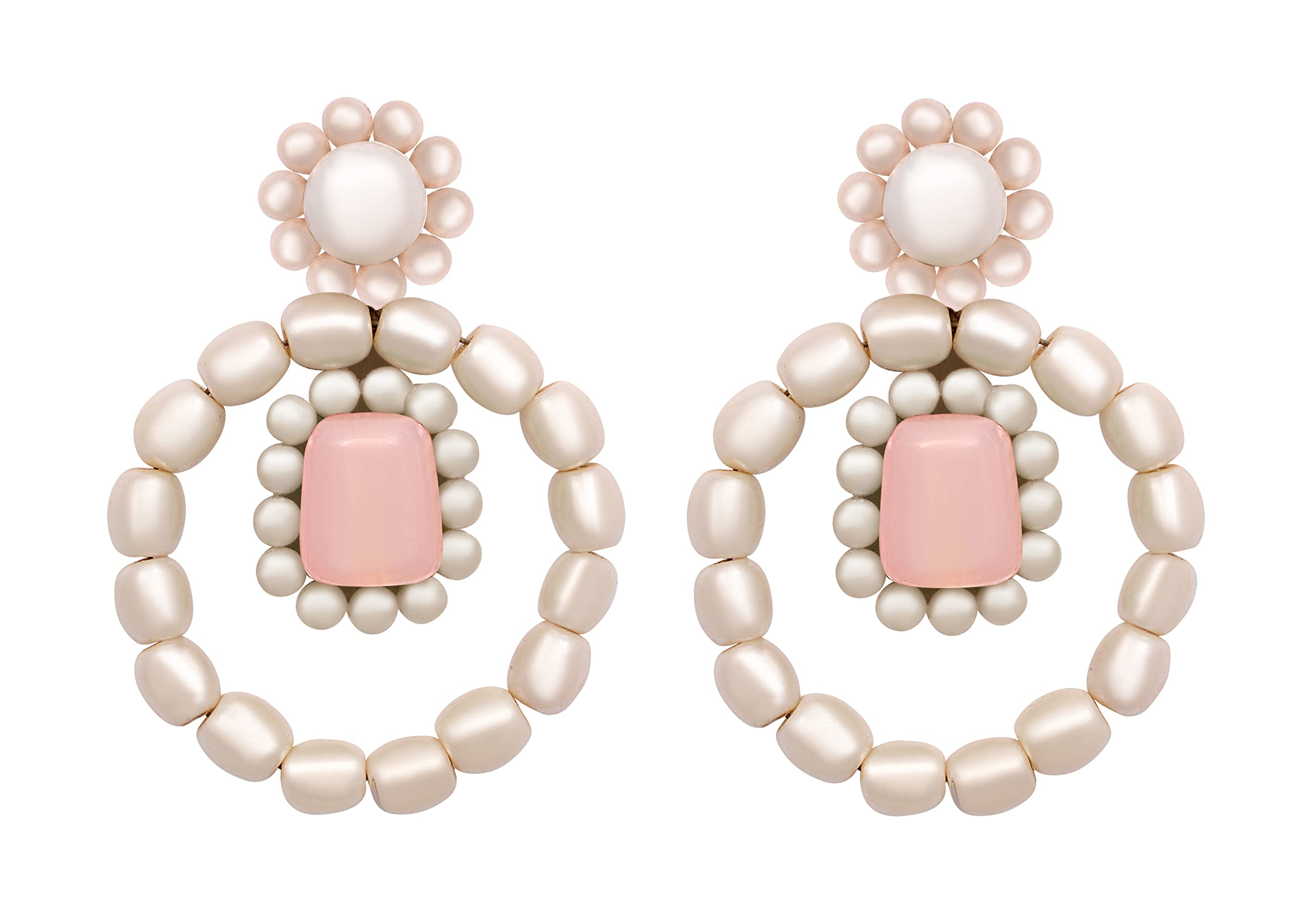 IIK COLLECTIONDesigner Smart Handmade Latest Fashion Trendy Pink Flower Round Shape Stone Pearl Fabric Lightweight Drop & Danglers Statement Earrings For Wedding Party For Women and Girls