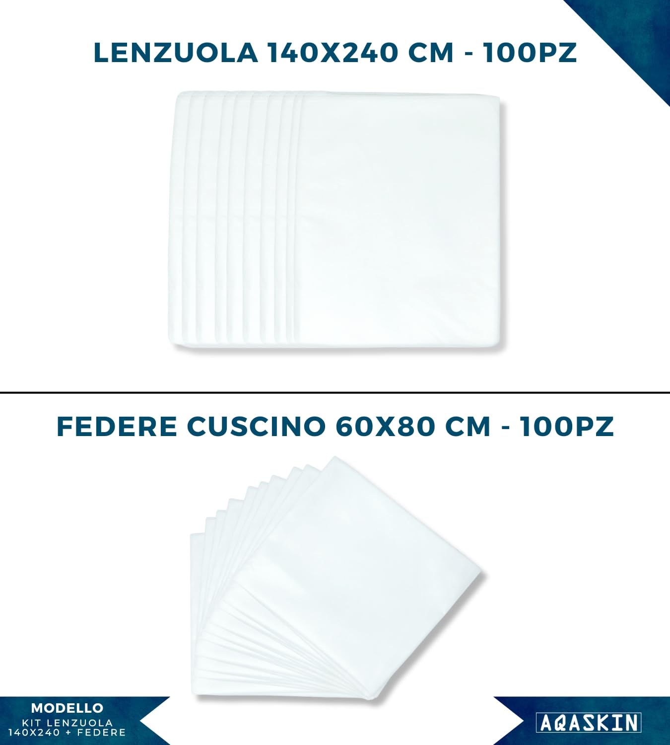 Kit [100+100 pz] Lenzuola + Federe Monouso in TNT, SCONTI QUANTITÀ, IMBUSTATE SINGOLARMENTE, Lenzuolo 140x240cm, Federa 60x80cm, Monouso, Usa e Getta.
